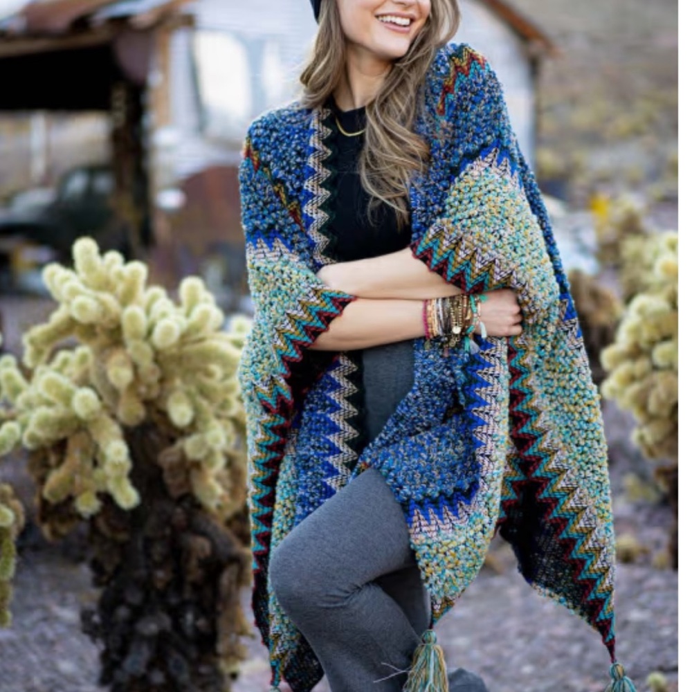 New Bohemian Crochet Ruana Blue Knit Tasseled Cardigan Sweater Duster Wrap